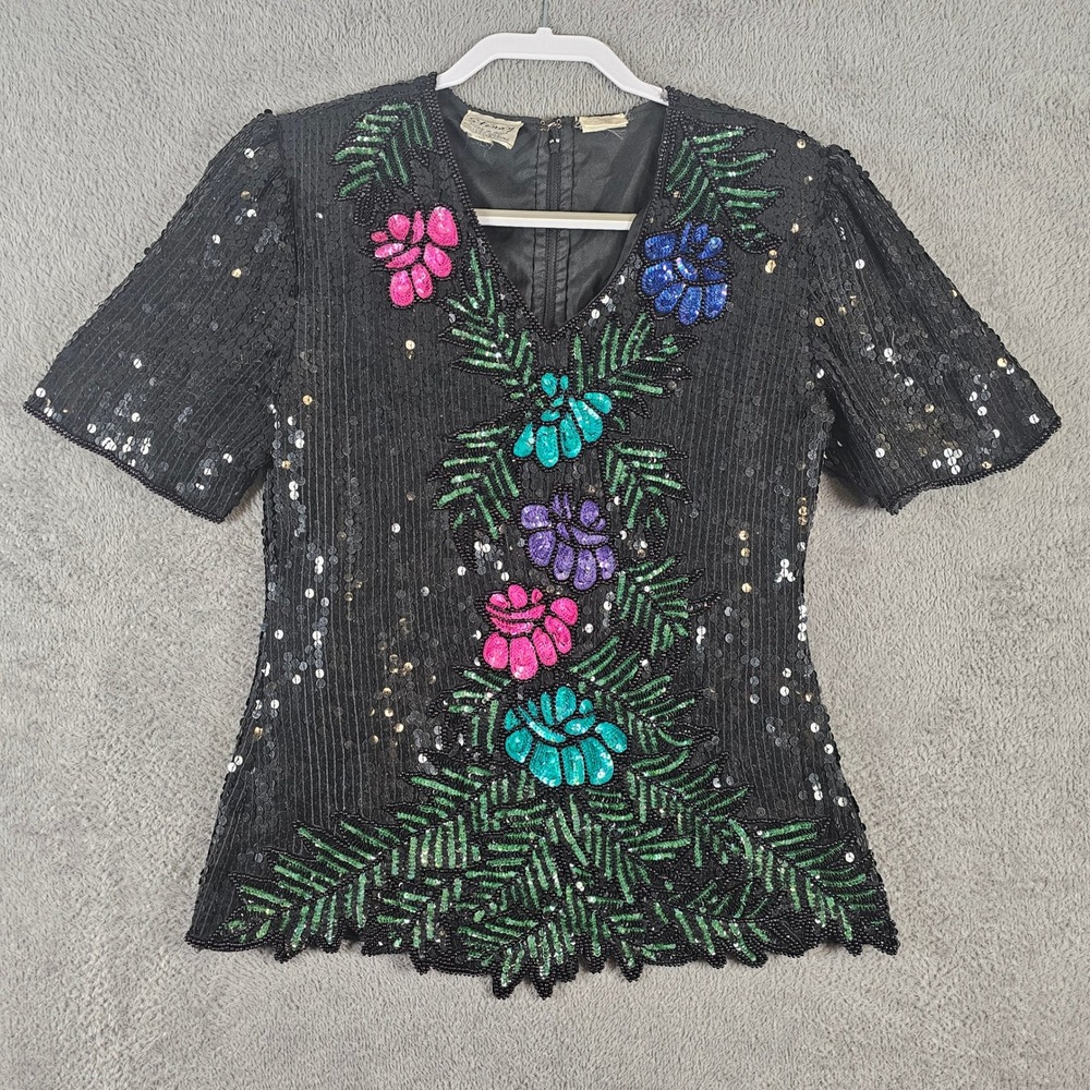 Stenay Vintage 80s Black Silk Beaded Sequin Floral Blouse Top Small RN 84792